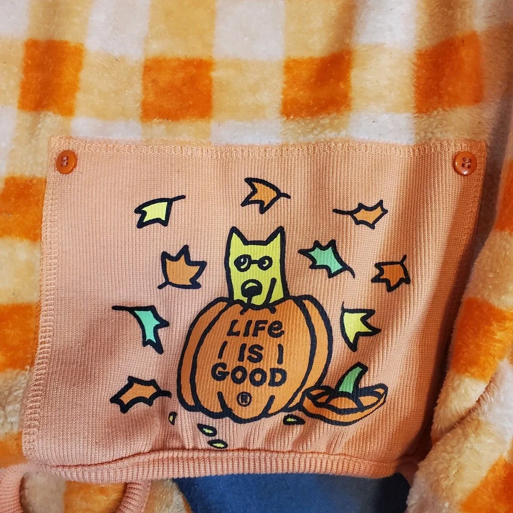 Life Is‎ Good Size L Orange Plaid Fleece Pajamas Costume Harvest Fall Halloween